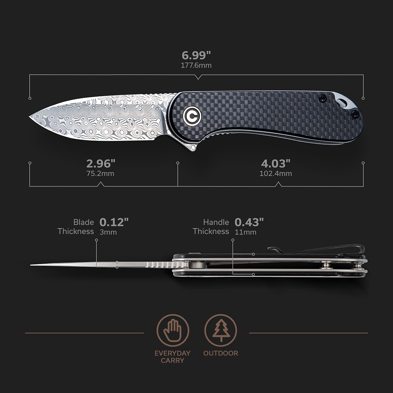 CIVIVI Elementum Damascus Pocket Knife